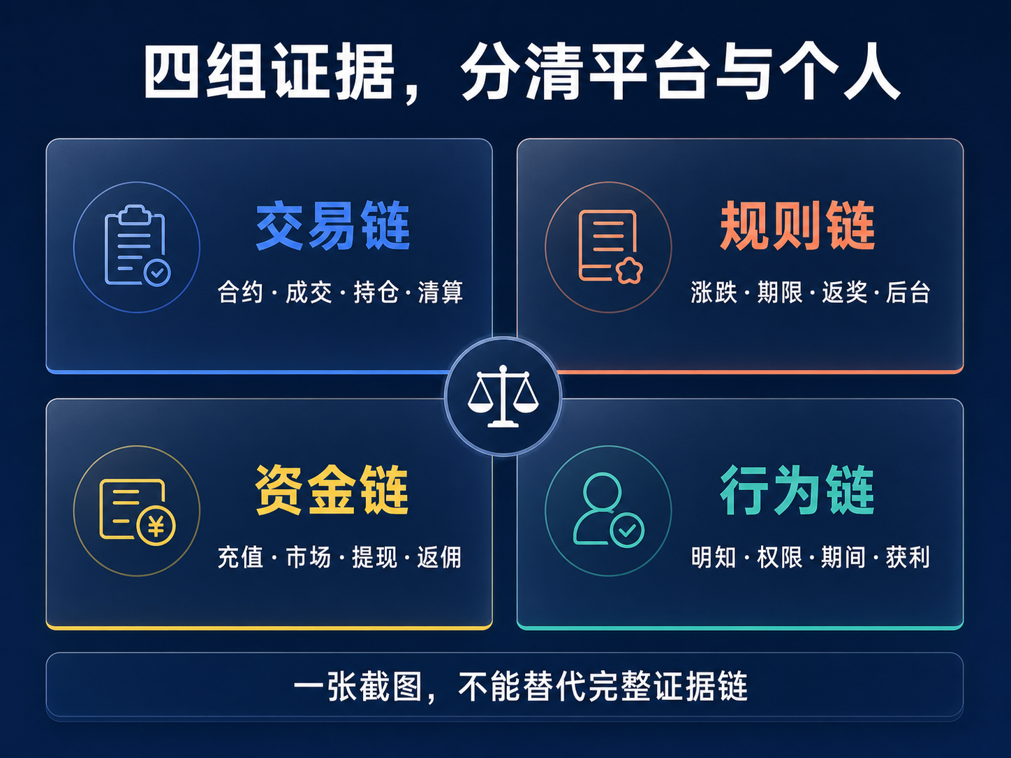 二元期权案件四组证据图：交易链、规则链、资金链、个人行为链