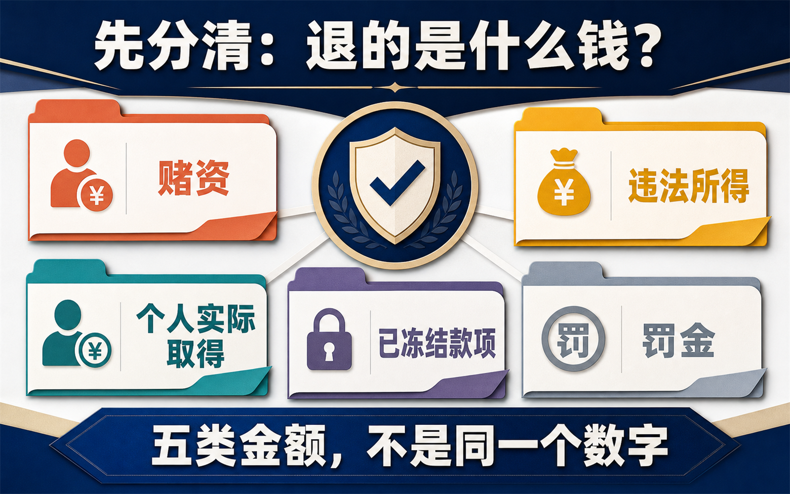赌资违法所得个人实际取得已冻结款项和罚金五类金额区分图