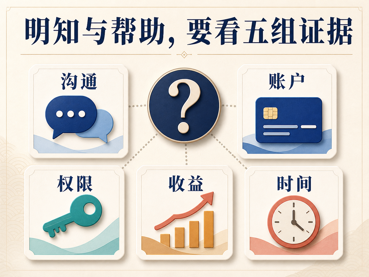 沟通账户权限收益时间五组证据围绕明知和帮助行为的证据图