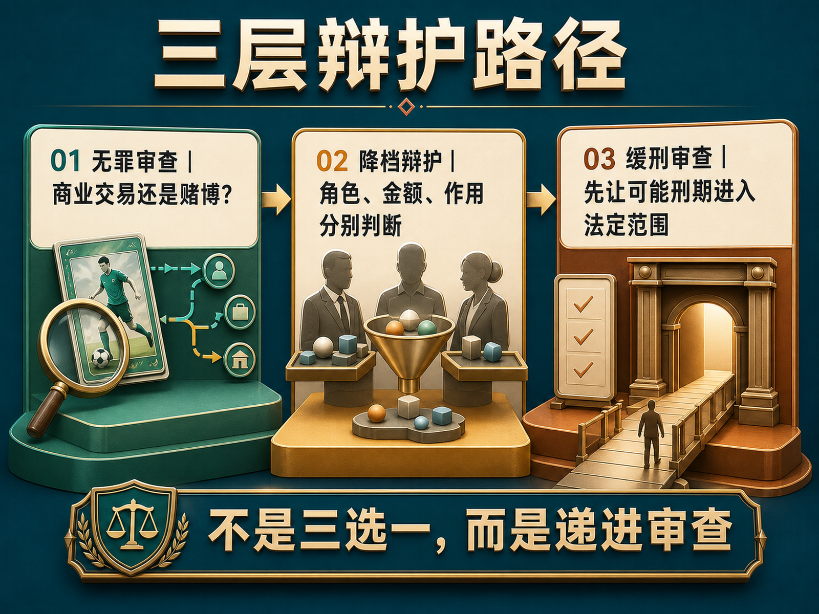 无罪审查降档辩护和缓刑审查三层递进路径图