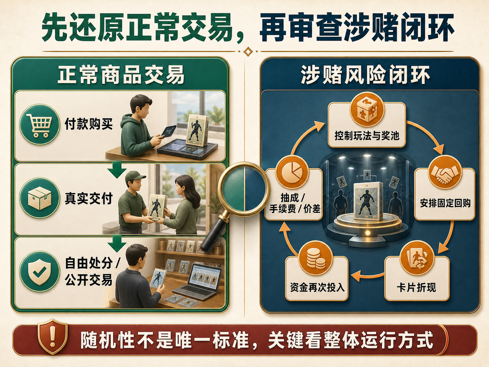 正常球星卡交易与涉赌风险闭环对照图