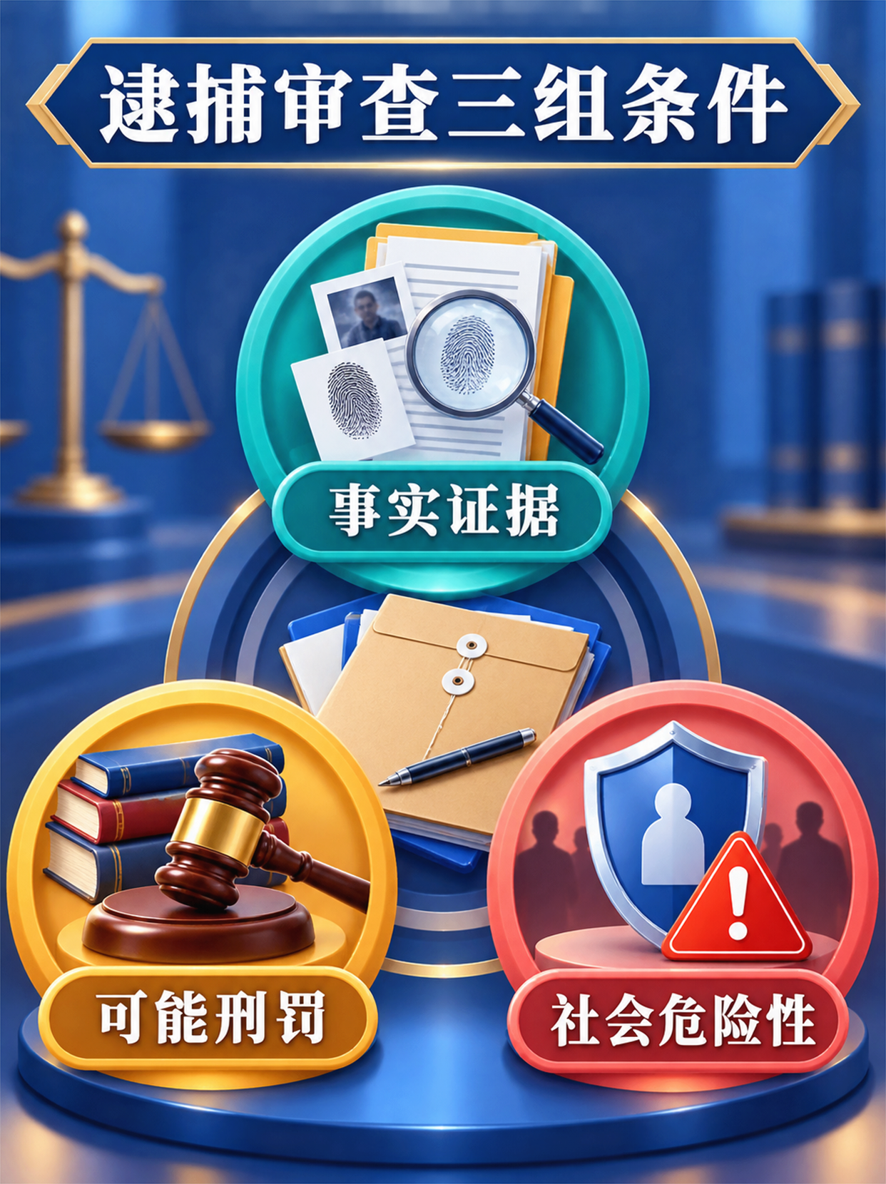 逮捕审查中事实证据可能刑罚和社会危险性三组条件示意图