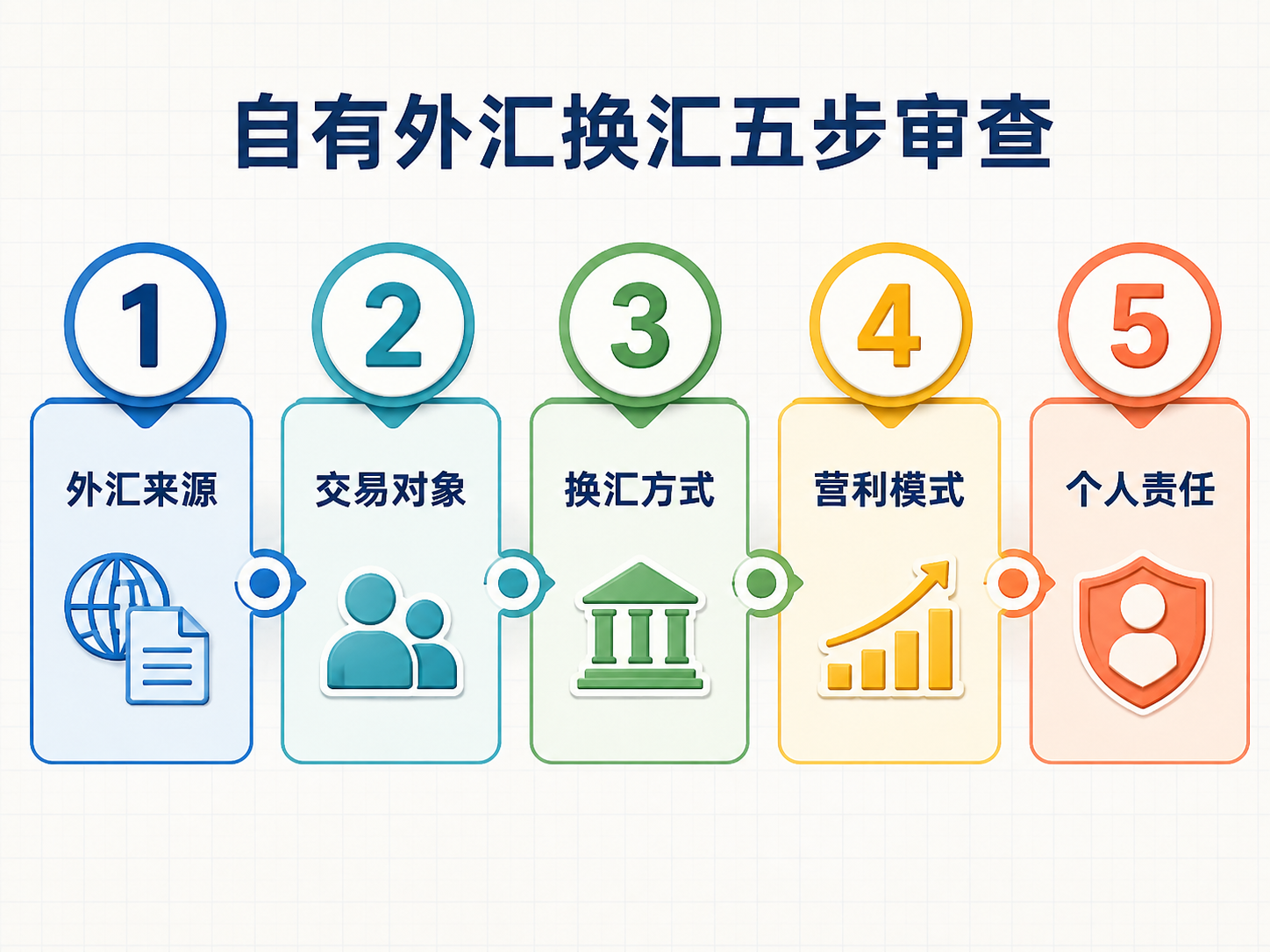 企业自有外汇换汇五步审查图:外汇来源、交易对象、换汇方式、营利模式、个人责任