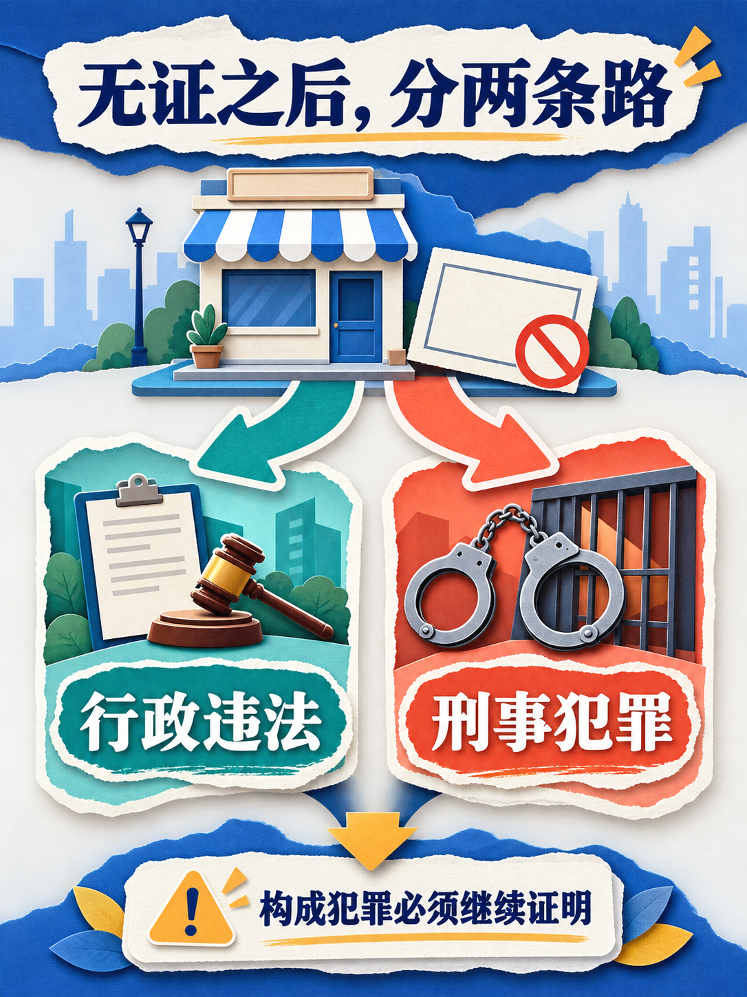 无证经营进入行政违法或刑事犯罪两条路径的分流图