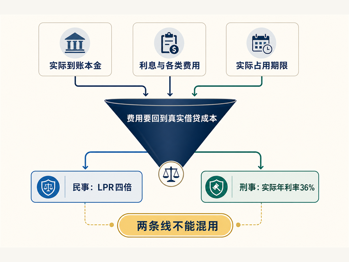 垫资过桥实际年利率计算中费用归集和刑民标准分流图