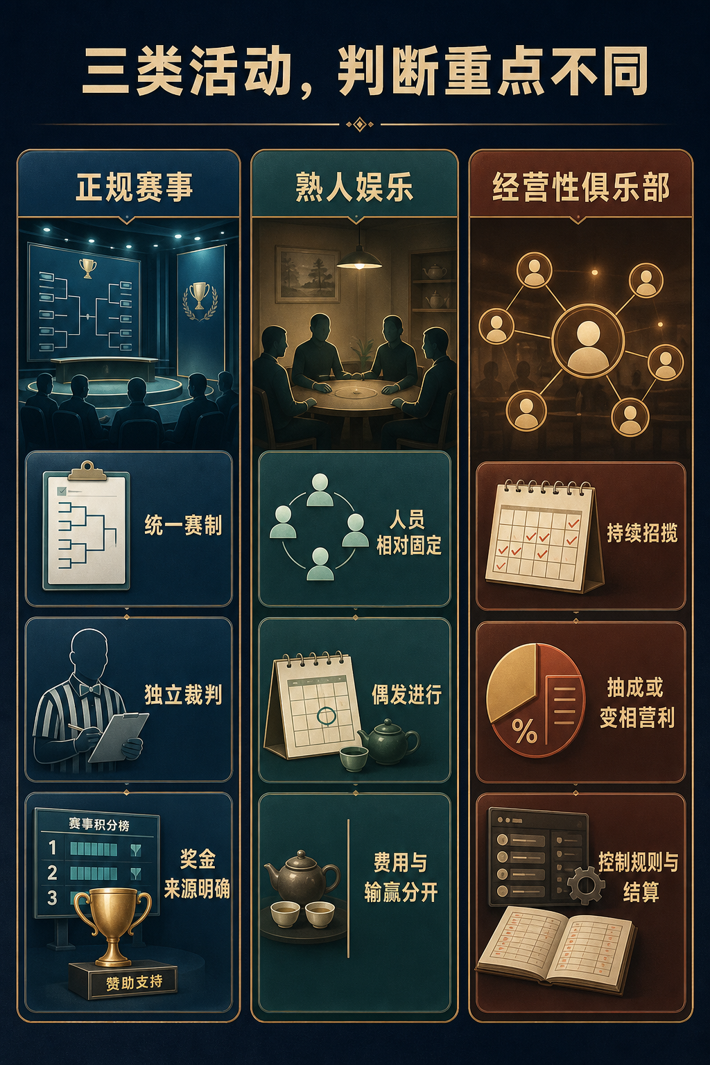 正规赛事熟人娱乐和经营性俱乐部三类情形对照图